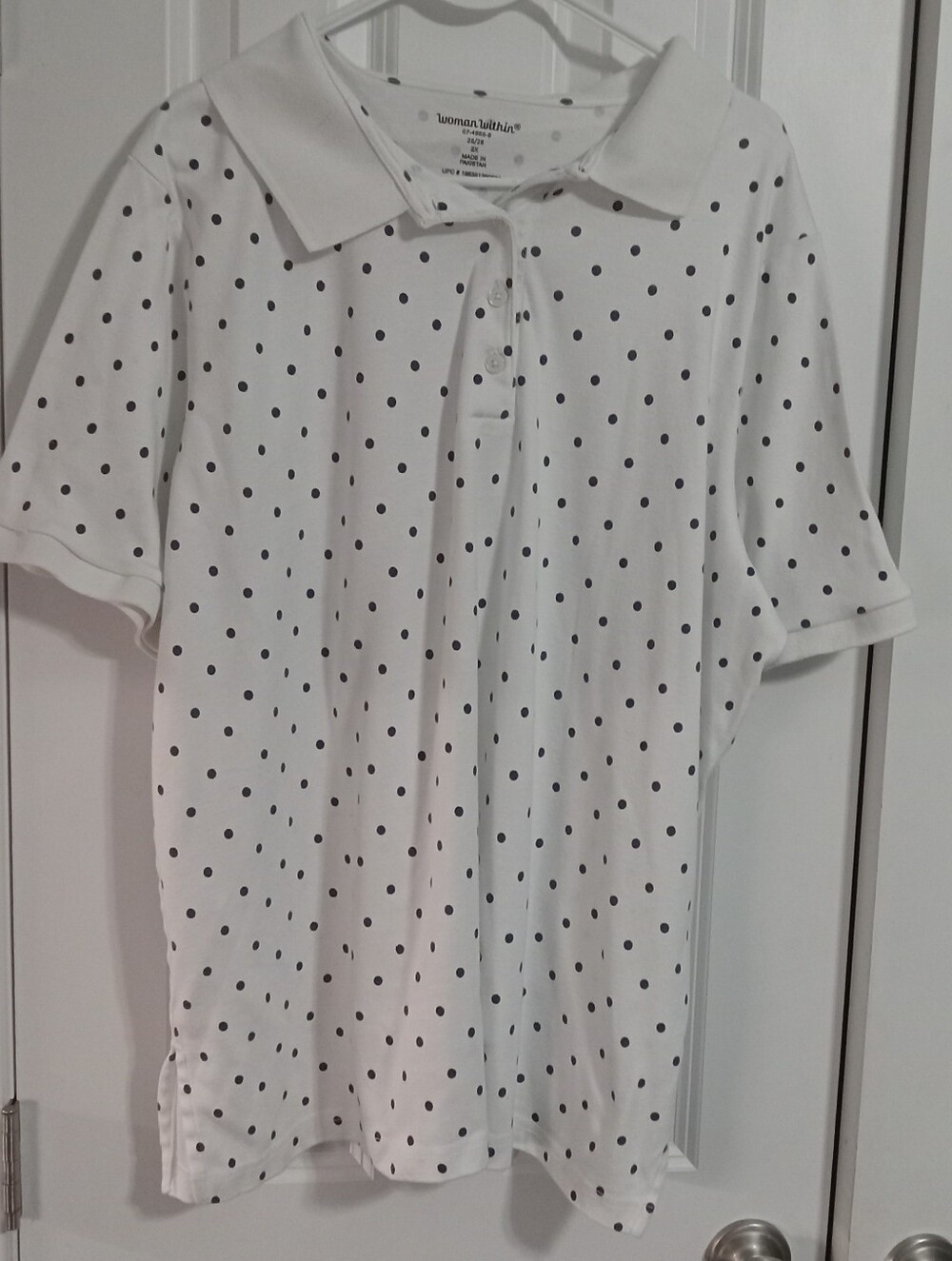 Woman Within White Polo Top with Black Polka Dots